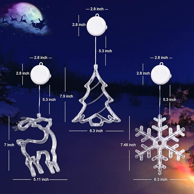 LOLStar Christmas Decorations, 3 Pack Reindeer, Christmas Tree, and Snowflake Window Lights with Suction Cup, Timer Function & Slow Fade Mode Battery Operated Indoor Lights for Christmas Eve New Year