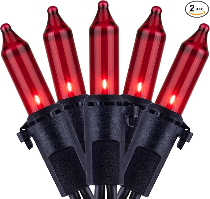 YULETIME 200 Red Christmas Lights with Black Wire, Pack of 2 Sets 33 ft 100 Count UL Certified Holiday String Lights (Red)