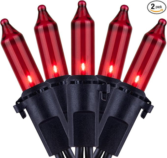 YULETIME 200 Red Christmas Lights with Black Wire, Pack of 2 Sets 33 ft 100 Count UL Certified Holiday String Lights (Red)