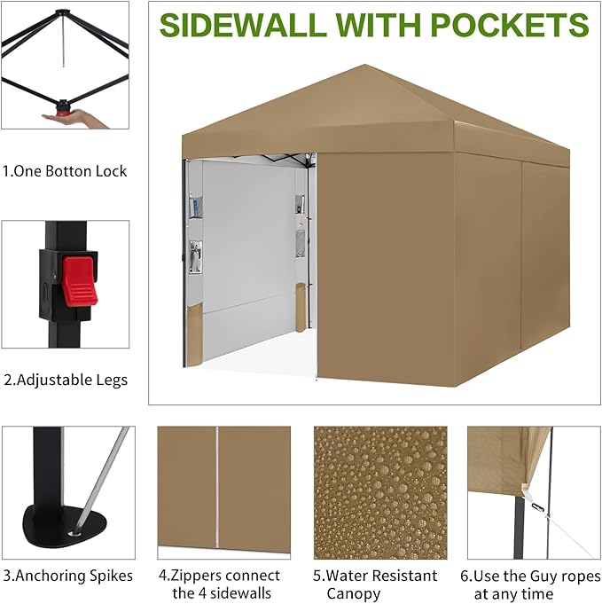 10X10 Comercial Pop Up Canopy Tent with 4 Sidewalls and 6 Pockets, One Push Setup Center Lock, for Beach Patio Outdoor, Case, 8 Stakes, 4 Ropes, 4 Sandbags (Dun Khaki)