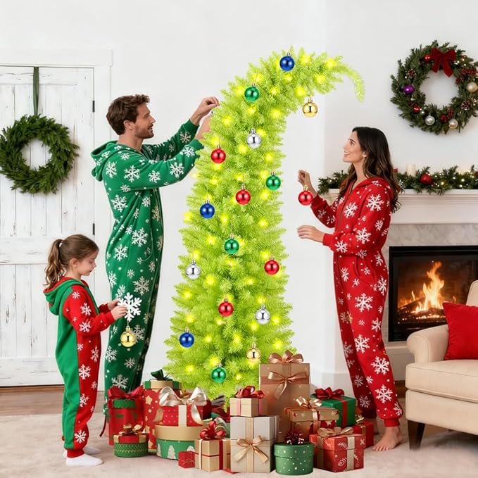 YUJUN 5.25ft Christmas Whimsical Bendable Artificial Tree, 150 LED Lights Christmas Green Tree Skirt with Timer 8 Lighting Modes for Xmas Indoor Outdoor Home Living Room Office Holiday Decoration