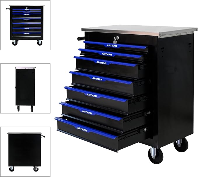 RYH 4/5/6/7 Drawers Rolling Tool Chest -Heavy Duty Mobile Metal Tool Box with Locking Wheels, with Stainless Steel Worktop, Garage Tool Storage Cabinet (Black-Blue, 7-Drawers 30.7 H¡¿25.9 W)