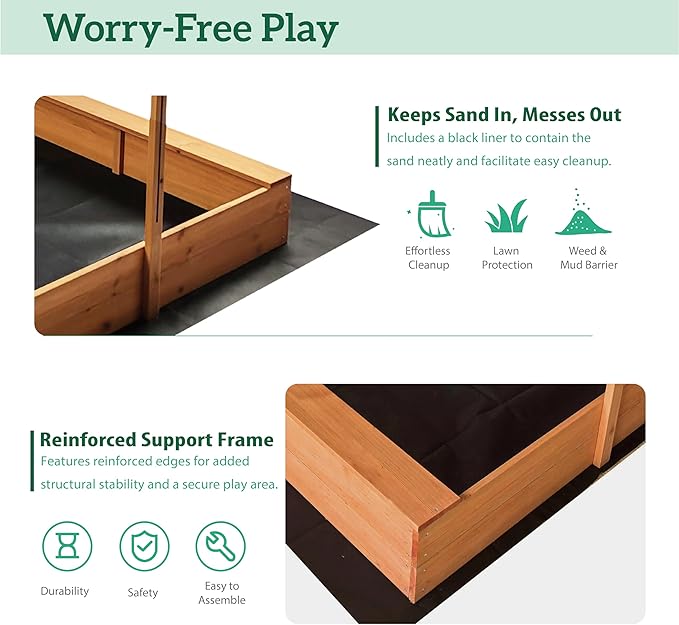 Kids Wooden Sandbox with Adjustable Canopy & Sand Protection Liner ? Large Outdoor Sandpit for Ages 3-8, Backyard/Garden Play Shelter