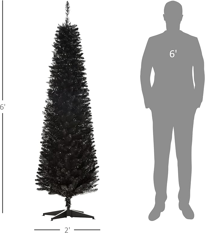 HOMCOM 6' Artificial Pencil Christmas Tree, Slim Xmas Tree with 390 Realistic Branch Tips and Plastic Stand, Black