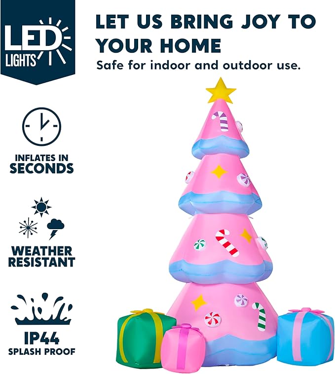 JOIEDOMI 7 FT Tall Christmas Tree Inflatables Outdoor Decoration, Christmas Inflatable Pink Tree with 3 Gift Boxes, Blow Up Xmas Tree with Build-in LEDs for Xmas Outdoor Yard Garden Lawn Decor