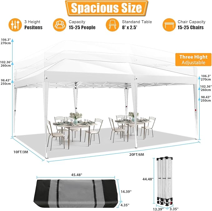 HOTEEL 10x20 Pop Up Canopy with 6 Sidewalls, One-Push Setup Canopy Tent with 8 Windbreak Poles, 10x20 Waterproof Outdoor Canopies for Parties Market Weddings Camping Patios (White)
