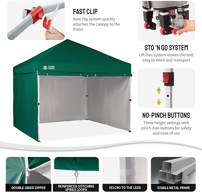 CROWN SHADES 10X10 Comercial Instant Canopy Pop Up Tent with Center Lock (10x10 with 4 Sidewalls, Forest Green)