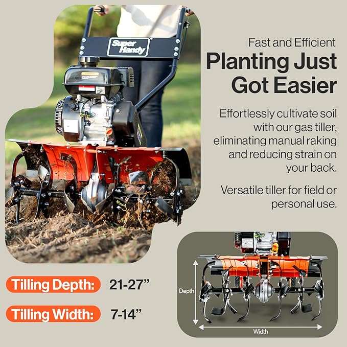 SuperHandy Tiller Cultivator ? 7HP 209cc Engine, Adjustable Tilling Width & Depth, Heavy-Duty Steel Tines for Garden Soil Prep, Landscaping & Weed Removal (Front Tine Tiller)