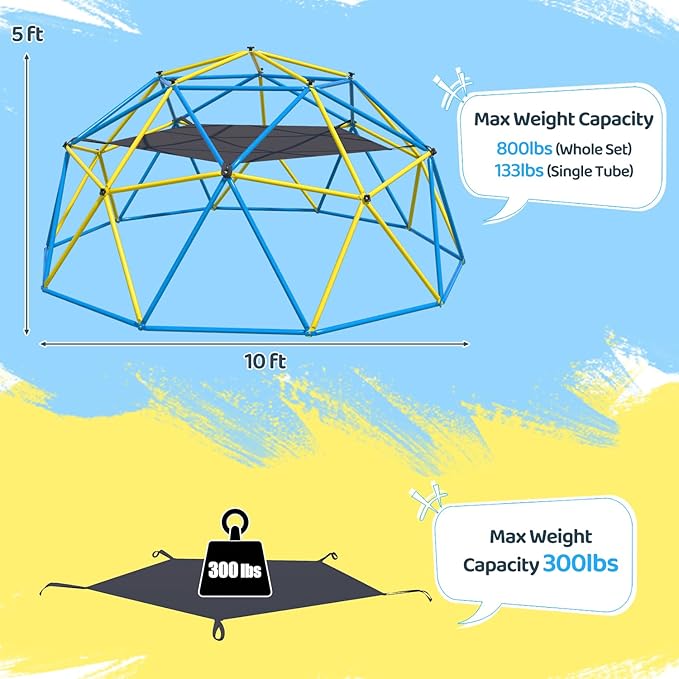 Climbing Dome,10 FT Dome Climber with Hammock and Swing Outdoor&Indoor Anti-Rust Metal Jungle Gym For Backyard Play Equipment Geometric Dome Toddler Climbing Toys Great Gift for Kids Aged 3 to 8