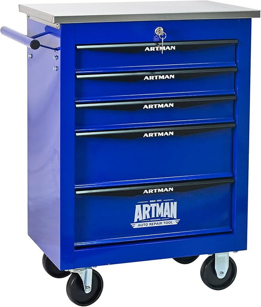 RYH 4/5/6/7 Drawers Rolling Tool Chest -Heavy Duty Mobile Metal Tool Box with Locking Wheels, with Stainless Steel Worktop, Garage Tool Storage Cabinet (Blue, 5-Drawers 30.7 H¡¿22.2 W)