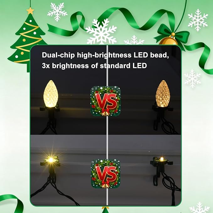 C9 LED Outdoor Christmas Lights,C9 String Lights with Quick Clips,for Xmas House Roof Gutter,Plug in & Connectable,132FT 200 Light,Warm White Faceted