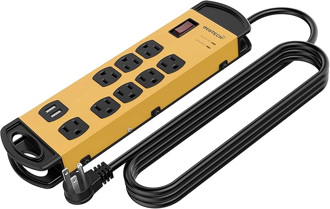 Oviitech 8 Outlets Mountable Heavy Duty Surge Protector Metal Power Strip with 2 USB Charging Ports(2.4A),1800 Joules with 6 Foot Long Extension Cord, Yellow&Black,ETL Listed