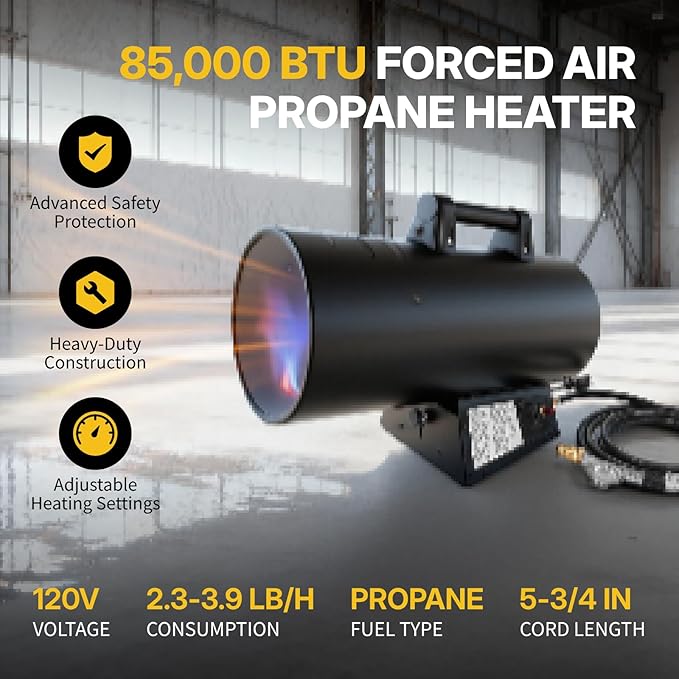 85,000 BTU Portable Forced Air Propane Heater - 10 ft Hose & Regulator Included, Adjustable Torpedo Heater for Garage, Construction Sites, Jobsite, Patio