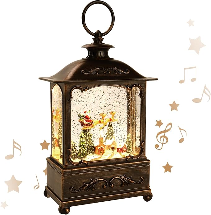 Christmas Decorations Christmas Snow Globe Glittering Lantern with Music & Timer, Christmas Lanterns USB Lined/Battery Operated Lighted Lantern for Decoration Gifts