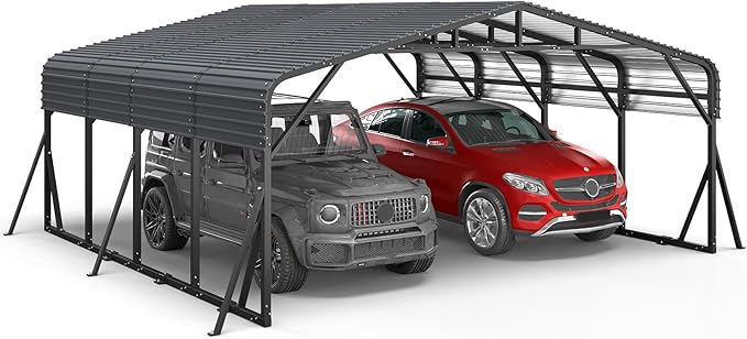 20x20FT Metal Carport, Heavy Duty Car Garage w/Reinforced Support Rods and Windproof Ground Anchors, All-Weather Multi-Use Outdoor Shelter for Car, Boats and Truck