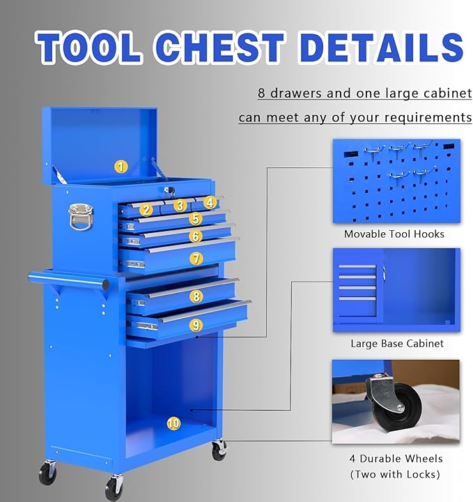 8-Drawer Tool Box with Wheels, Rolling Tool Storage Cabinet with Detachable Top Tool Chest and Locking Mechanism, Metal Tool Cart for Garage Workshop and Room Use (Blue)