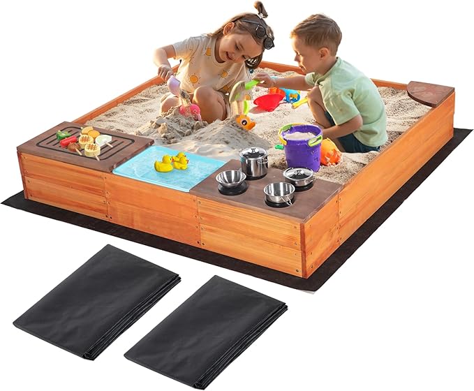 Kids Sandbox with Kitchen Playset, 2 in 1 Wood Sand Pit with Cover & Bottom Liner, Outdoor Toddler Sand Box with Corner Seats, Storage Bin, Sink & Cooking Accessories for Garden Beach Backyard