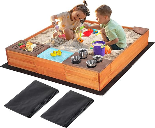 Kids Sandbox with Kitchen Playset, 2 in 1 Wood Sand Pit with Cover & Bottom Liner, Outdoor Toddler Sand Box with Corner Seats, Storage Bin, Sink & Cooking Accessories for Garden Beach Backyard