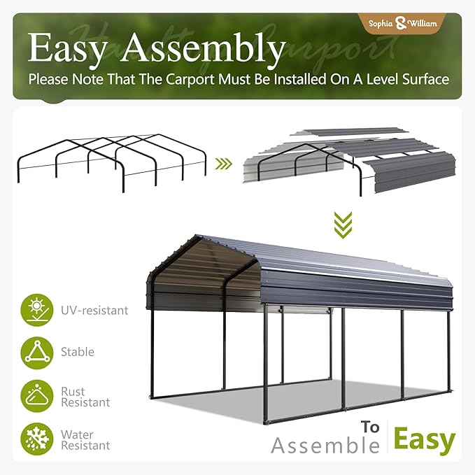 Carport Car Port Metal Canopy 10x15 ft Heavy Duty for Snow, Portable Garage Kit Shed Tent Shelter Metal Frame All Weather Outdoor for Boat with Removable Sidewalls, Dark Grey, Sophia & William