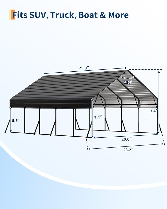 20'x25' Metal Carport, Heavy Duty Car Ports Kit for Trucks, Boats, RV, Tractor, Reinforced Frame with Anchors, Easy Assembly