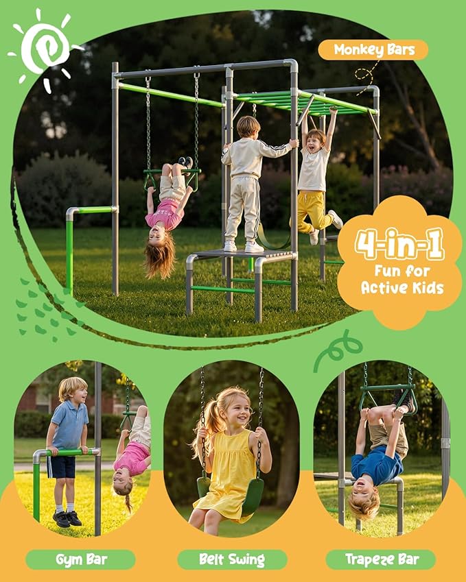 Outdoor Jungle Gym with Monkey Bars Frame, Climbing Set, Trapeze Swing Bar, Belt Swing, Kids Gymnastics Bars, Playground Set with Powder Coated Galvanized Steel for Backyard, Garden, Grass