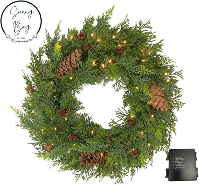 Natural Cedar Set : 1 24 inch Wreath 2 Pieces of 8 ft Garland; Mixed Greenery, Cedar, and Real Pinecones, Battery Operated, Indoor Outdoor Holiday Decor