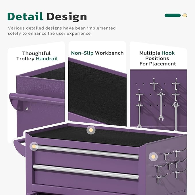 Greenvelly 8-Drawer Rolling Tool Chest, Metal Tool Chest with Wheels, Rolling Tool Box with Detachable Top Tool Box, Metal Tool Cart with Liner & Hooks for Garage, Workshop, Warehouse, Purple