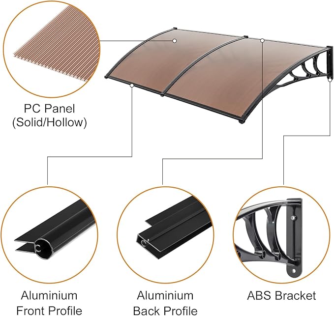 Window Awning Door Canopy Exterior- 40" x 80" Aluminum Door Awning, Polycarbonate Cover Patio Canopy Awning for House, Outside, Rain Snow & UV Resistant (Brown Board & Black Bracket)