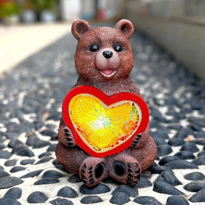 Solar Brown Bear Statue, Outdoor Garden Decor with Colorful Mosaic Glass, Solar Powered Automatic Night Light for Yard, Patio, Pathway, Unique Wildlife Animal Sculpture Gift