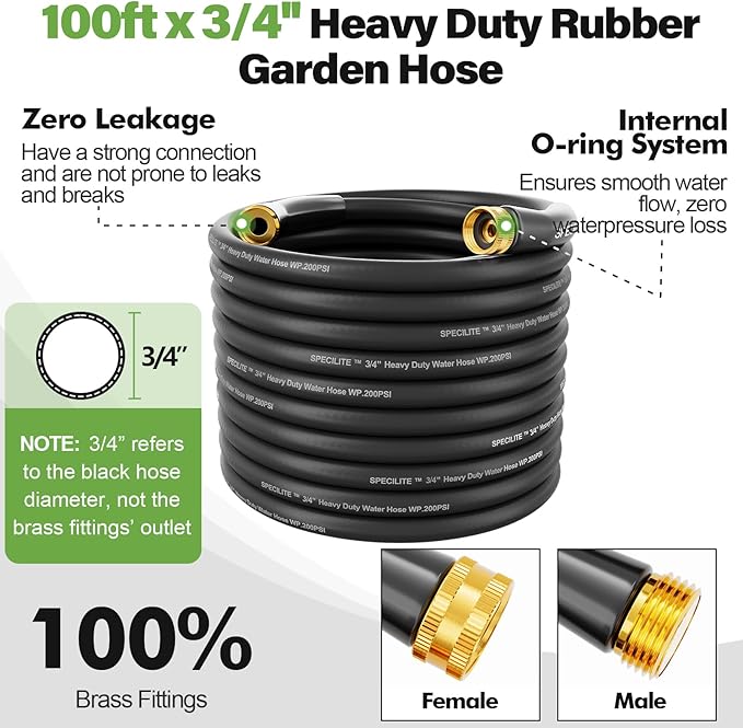 SPECILITE 3/4 Garden Hose 100 ft with High Flow Nozzle, Heavy Duty Flexible Hybrid Rubber Water Hose for Outdoor, Lightweight, Leak-Proof, No-Kink, 3/4Brass Fittings,Black