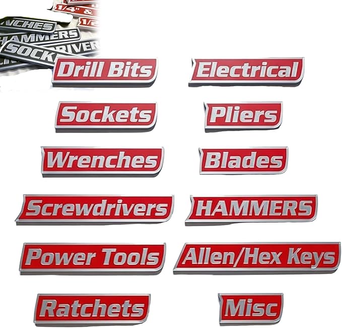 12 Pack of Magnetic Toolbox Labels, 3D-Printed Tool Box Labels, General Tool Box Organize Accessories, Reusable Tags for Steel Toolboxes, Carts, Drawers, and Cabinets (Red)
