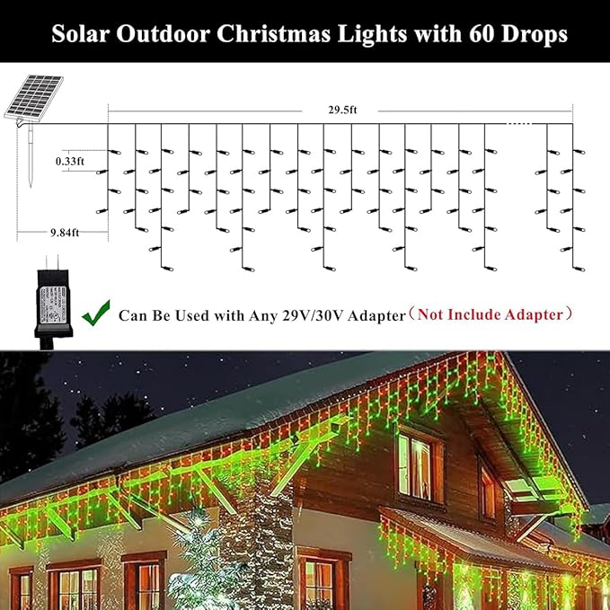 320LED Solar Christmas Lights Outdoor Waterproof Christmas Decorations Lights 29.5ft 60 Drops,8 Modes Solar Powered Rechargeable Fairy Lights for Party, Holiday,Wedding Decorations (Red and Green)