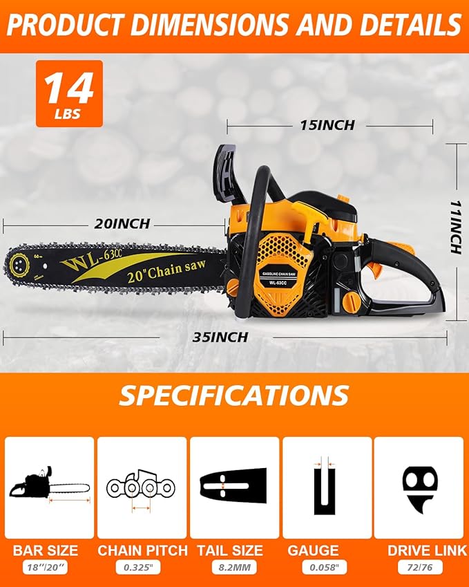 63CC Gas Powered Chainsaw 20 Inch, 2-Cycle Engine with 2 Chains & Bars, Heavy Duty Gas Chain Saw for Tree Felling, Logging, and Firewood Cutting (WTH994)