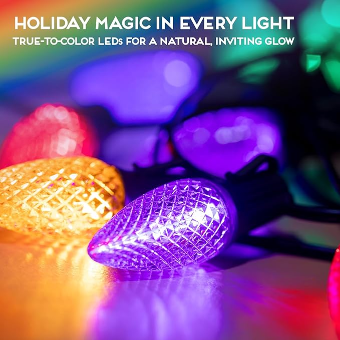 HLO Lighting C9 LED Christmas Lights, Faceted C9 Christmas Light Bulbs for Indoor & Outdoor Décor 25, Multi (R, G, B, Y, P)