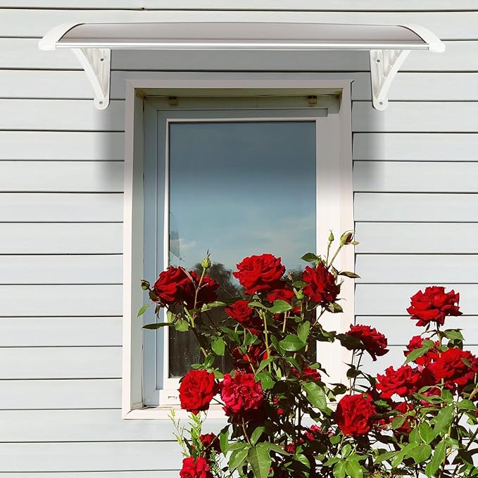 Window Awning Door Canopy Exterior- 32" x 40" Aluminum Door Awning, Polycarbonate Cover Patio Canopy Awning for House, Outside, Rain Snow & UV Resistant (Brown Board & White Bracket)