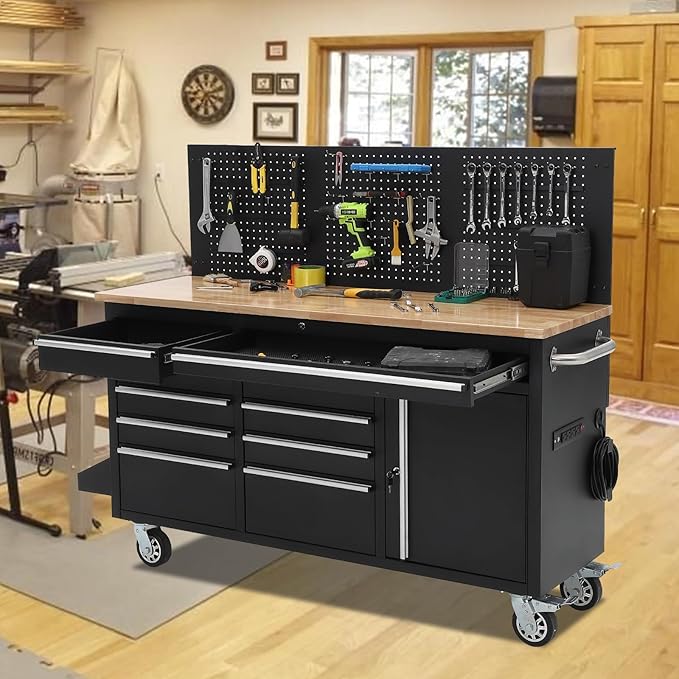 Tool Chest, 61 Inch Tool Box Mobile 9 Drawers Storage Rolling Cabinet with Wheels Lock Key Locking System Drawer Liners for Garage Warehouse Repair Shop, Black