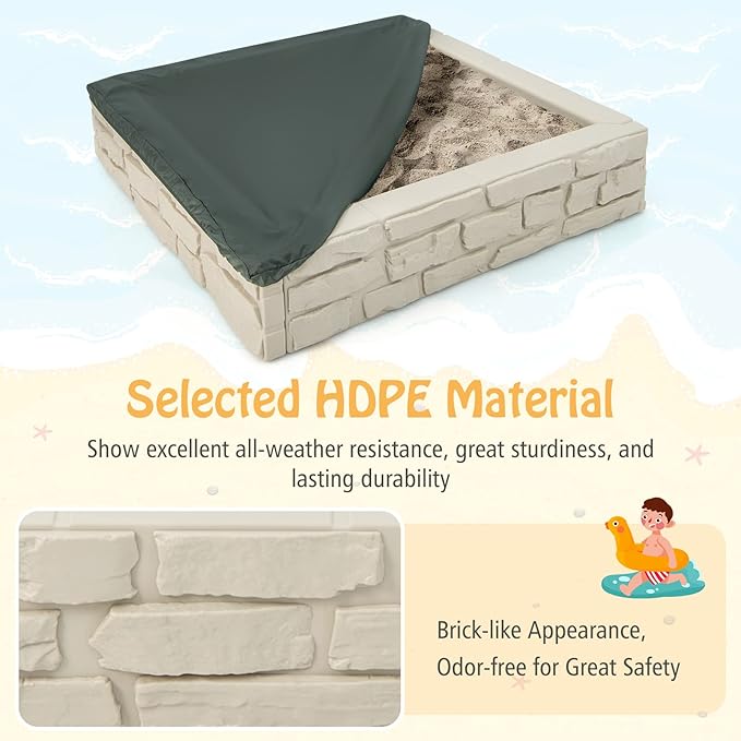 HONEY JOY Sandbox with Cover, 47 x 47 Inch Square Sand Pit for Backyard, Bottom Drainage Oxford Liner, HDPE Playful All Weather Resistant Sand Boxes for Kids Outdoor with Lid (White)
