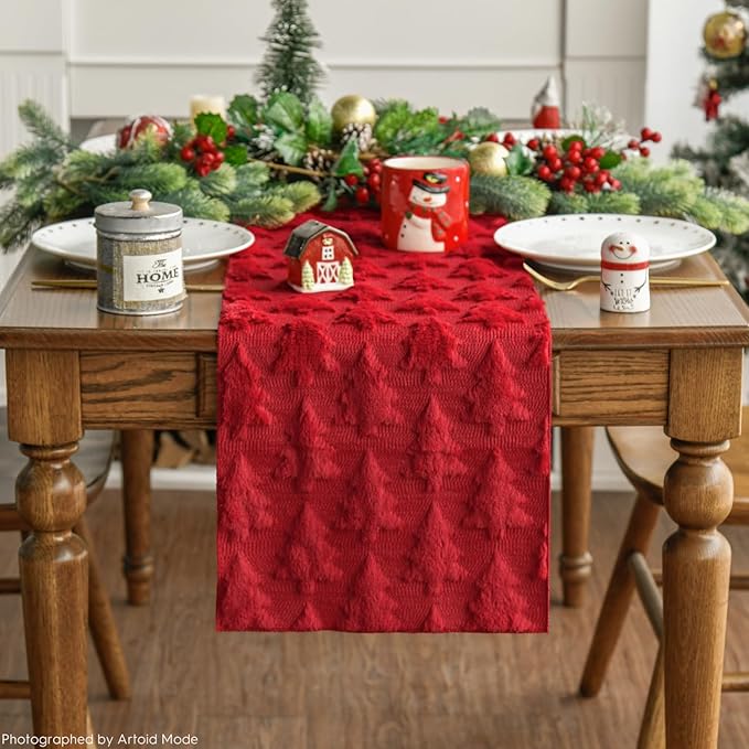 Artoid Mode Christmas Trees Red Soft Plush Faux Fur Jacquard Christmas Table Runner, Holiday Kitchen Dining Table Decoration for Home Party Decor 13x90 Inch