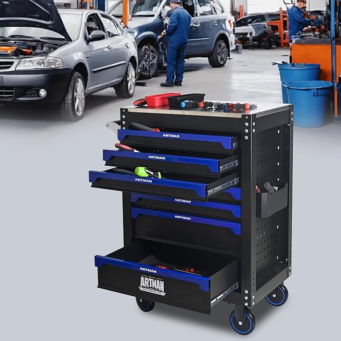RYH 26.65 W Rolling Tool Cart with Wheels & Steel Top | Mobile Tool Chest Organizer for Garage Storage Cabinet & Toolbox | Heavy-Duty Steel Tool Bo(Black-Blue, 7-Drawers 39.17 H¡¿26.65 W-1)