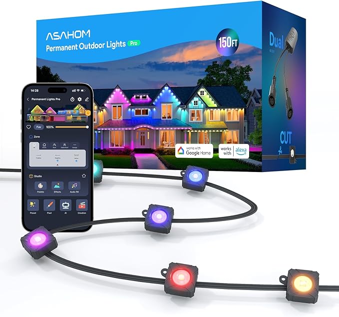 ASAHOM Permanent Outdoor Light Pro S108C, 150FT with 108 RGBCW 70lm LED, WLED Integration, AI Lighting, 30000 Lighting Effect Combination, IP67 Waterproof for Christmas New Year Daily Decor, Black