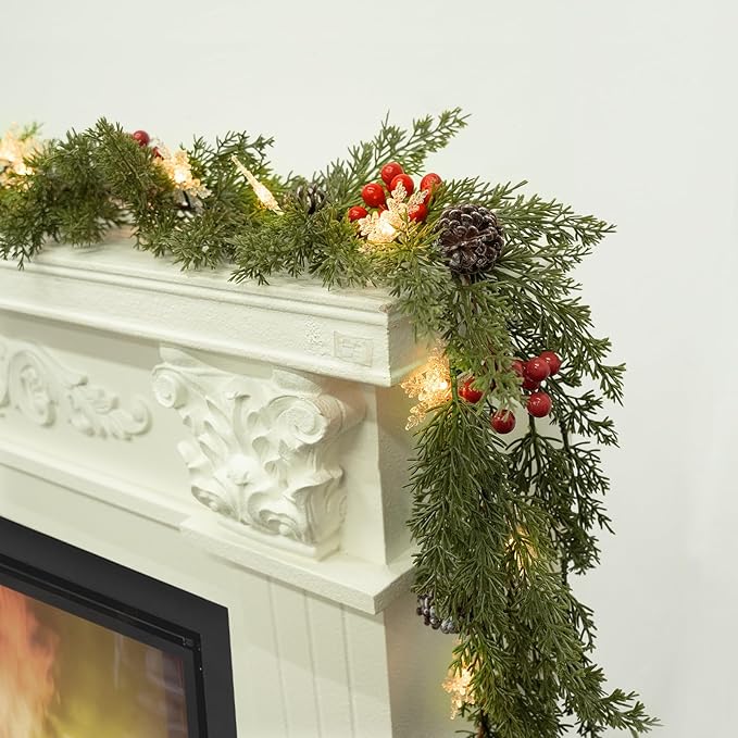 6FT Pre-lit Christmas Cedar Garland Realistic Christmas Garlands Snowflake Lights, Artificial Green Pine Greenery Cypress Garland Decorations Indoor Outdoor Holiday Winter Xmas Decor