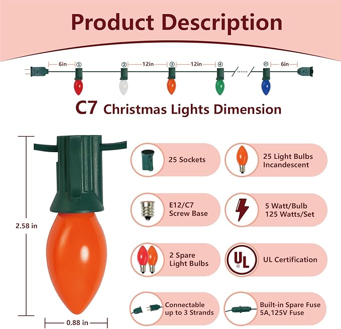 C7 Christmas Lights Outdoor Multicolor 5W,25Ft Incandescent Vintage String Lights with 27 Glass Bulbs,Green Wire,Waterproof for Outdoor Decor (Roofline,House,Garden,Patio)