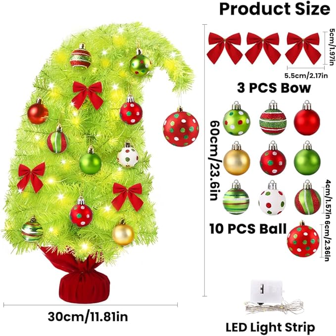 2FT Artificial Whimsical Christmas Tree Lime Small Bendable Christmas Tree with Lights Hanging Balls Bows Curved Shape Tabletop Tree Decor for Xmas Holiday Indoor Outdoor Decor