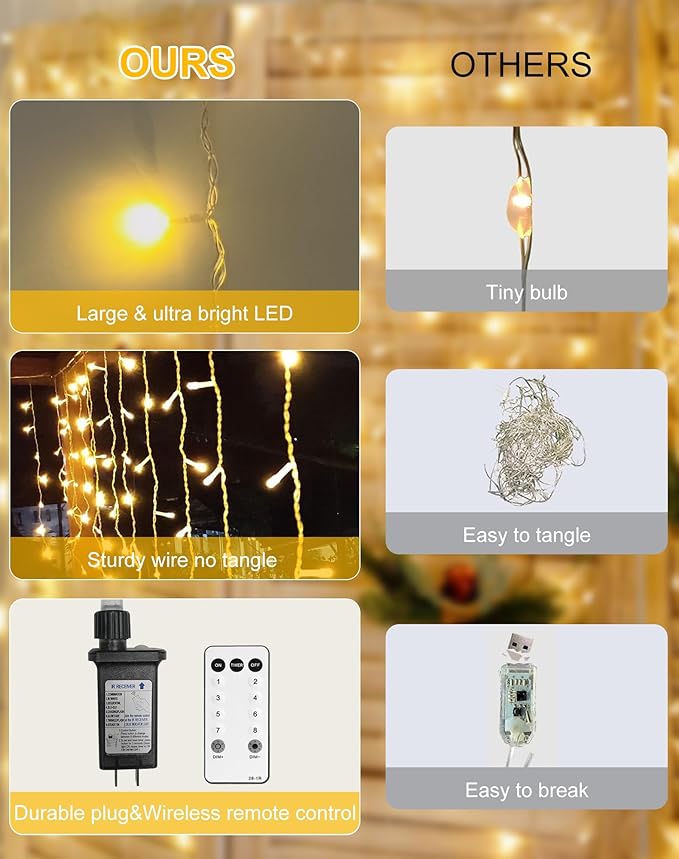Christmas Icicle Lights Outside 624 LED 59FT Warm White, 96 Drops 2700K Icicle Christmas Lights with Remote/8 Modes/Timer, IP44 Waterproof for Roof Gutter Wedding Holiday Decorations