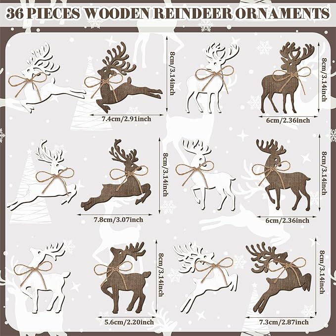 Qunclay 36 Pcs Reindeer Christmas Ornaments for Tree Wooden Christmas Tree Decorations Rustic Vintage Deer Hanging Ornament Reindeer Wood Pendant with Rope for Home Xmas Gift Tags Holiday Party Decor