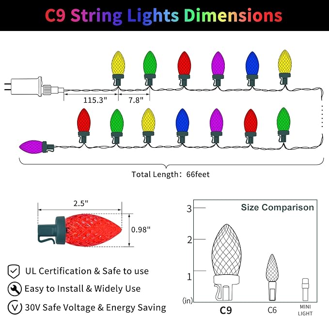 ZAIYW 66ft 100 LED C9 Christmas Lights String, Strawberry String Lights UL Plug C9 String Lights Green Wire Waterproof for Outdoor Roof Eaves Garden Yard Xmas Decor (Multicolor)