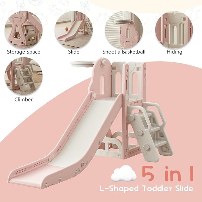 Toddler Slide,Kids Climber Slide with Storage Space and Non-Slip Steps,Indoor Outdoor Playset with Basketball Hoopa and Telescope,Slide for Toddlers Age 1-3