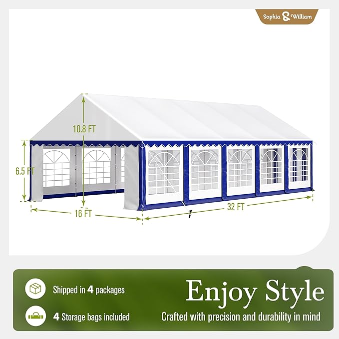 Sophia & William Party Tent 16x32 ft, Outdoor Canopy Carpas para Fiestas Heavy Duty, Large Waterproof Patio Event Wedding Tent White with Sidewalls for Backyard