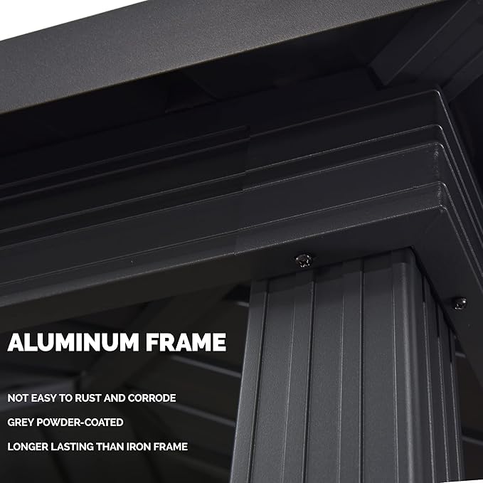 PURPLE LEAF 6' X 9' Hardtop Grill Gazebo for Patio Aluminum Barbeque Canopy with 24 Clear Light Bulbs and Shelves Double Tiered Grey Outdoor BBQ Gazebo
