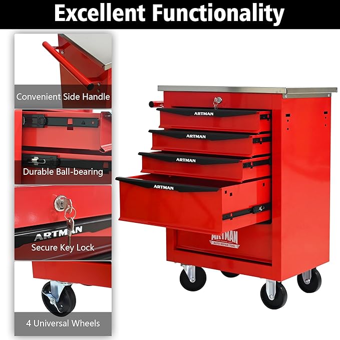RYH 4/5/6/7 Drawers Rolling Tool Chest -Heavy Duty Mobile Metal Tool Box with Locking Wheels, with Stainless Steel Worktop, Garage Tool Storage Cabinet (Red, 5-Drawers 30.7 H¡¿22.2 W)